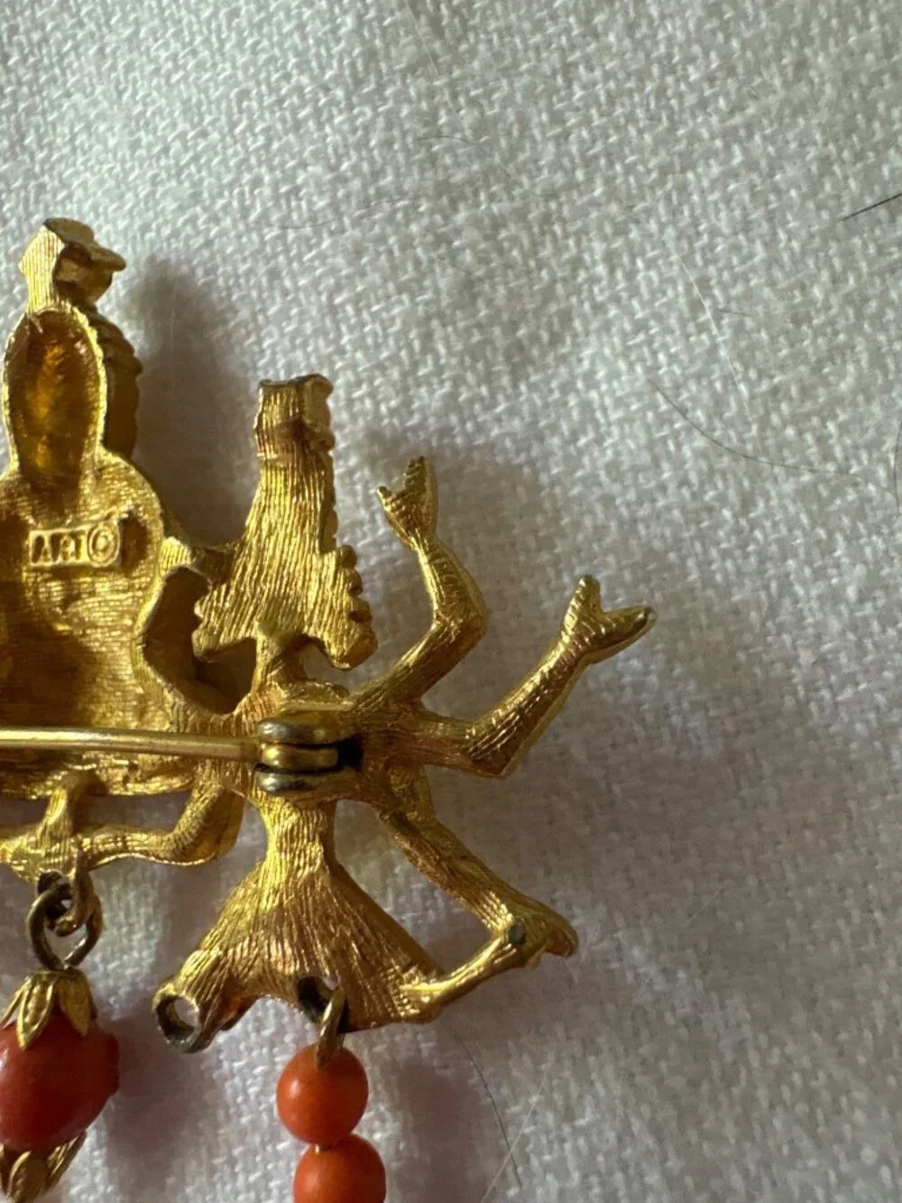 Vintage ARTCO Gold Buddha Signed Pin With Coral Dangles & Rhinestone Accent